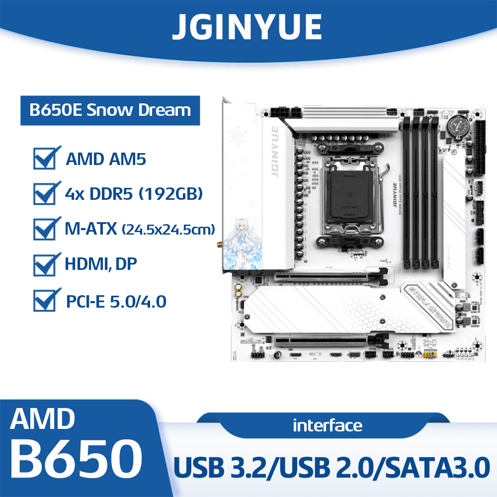 Placa-Mãe JGINYUE B650E Snow D - Am5 Micro Atx Pcie 5.0 Motherboard avaliação e preço